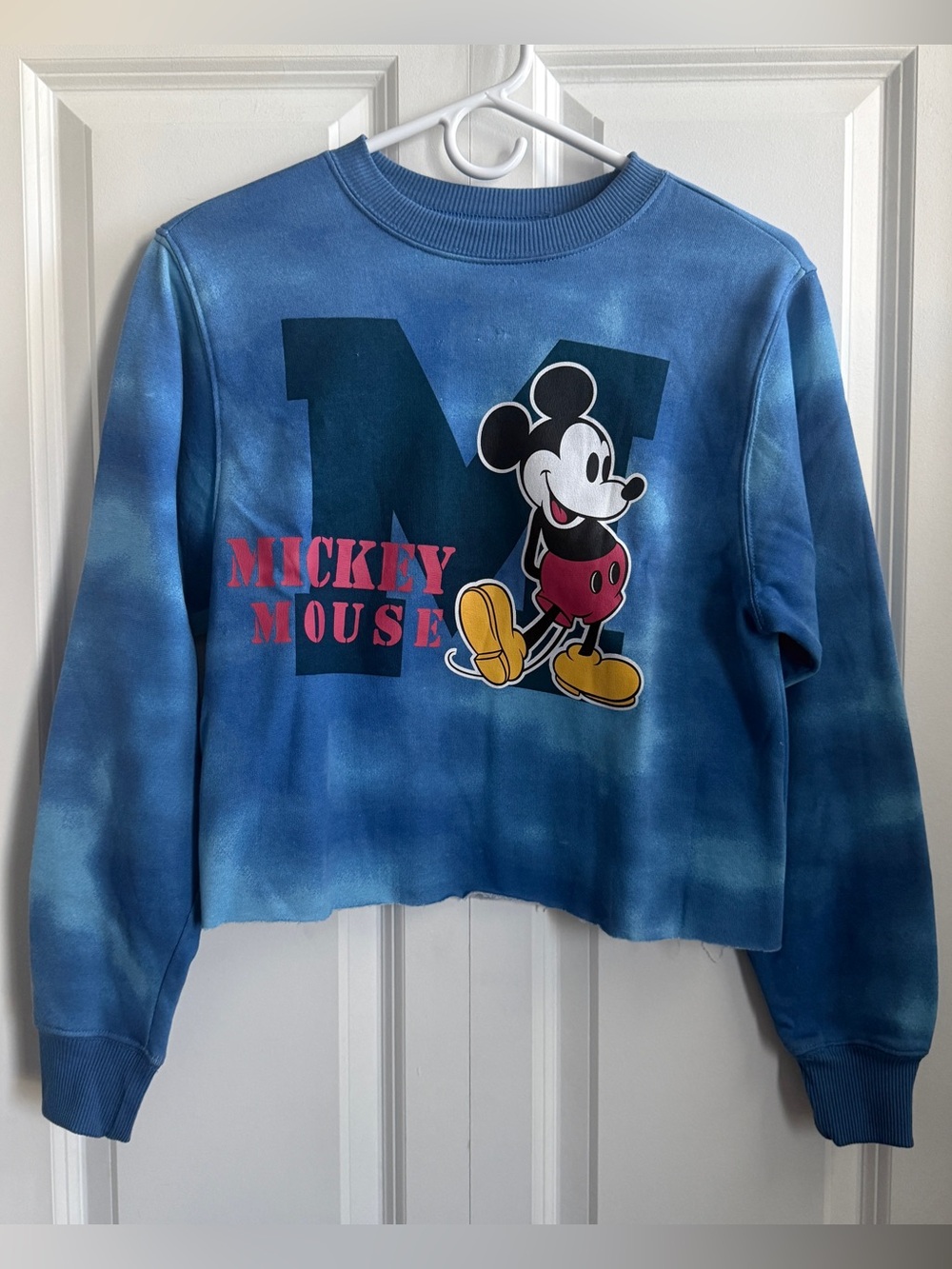 Disney Mickey Mouse Women’s Tie Dye Crop Crewneck Fleece Sweatshirt Blue Size XS